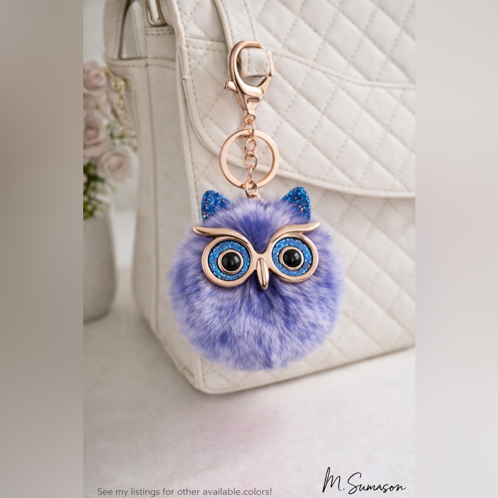 NEW Fluffy Owl Pom Keychain Charm Frosted Blue White Gold